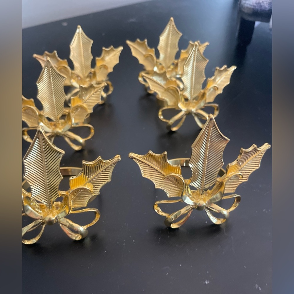 6 gold holly merry Christmas napkin holders